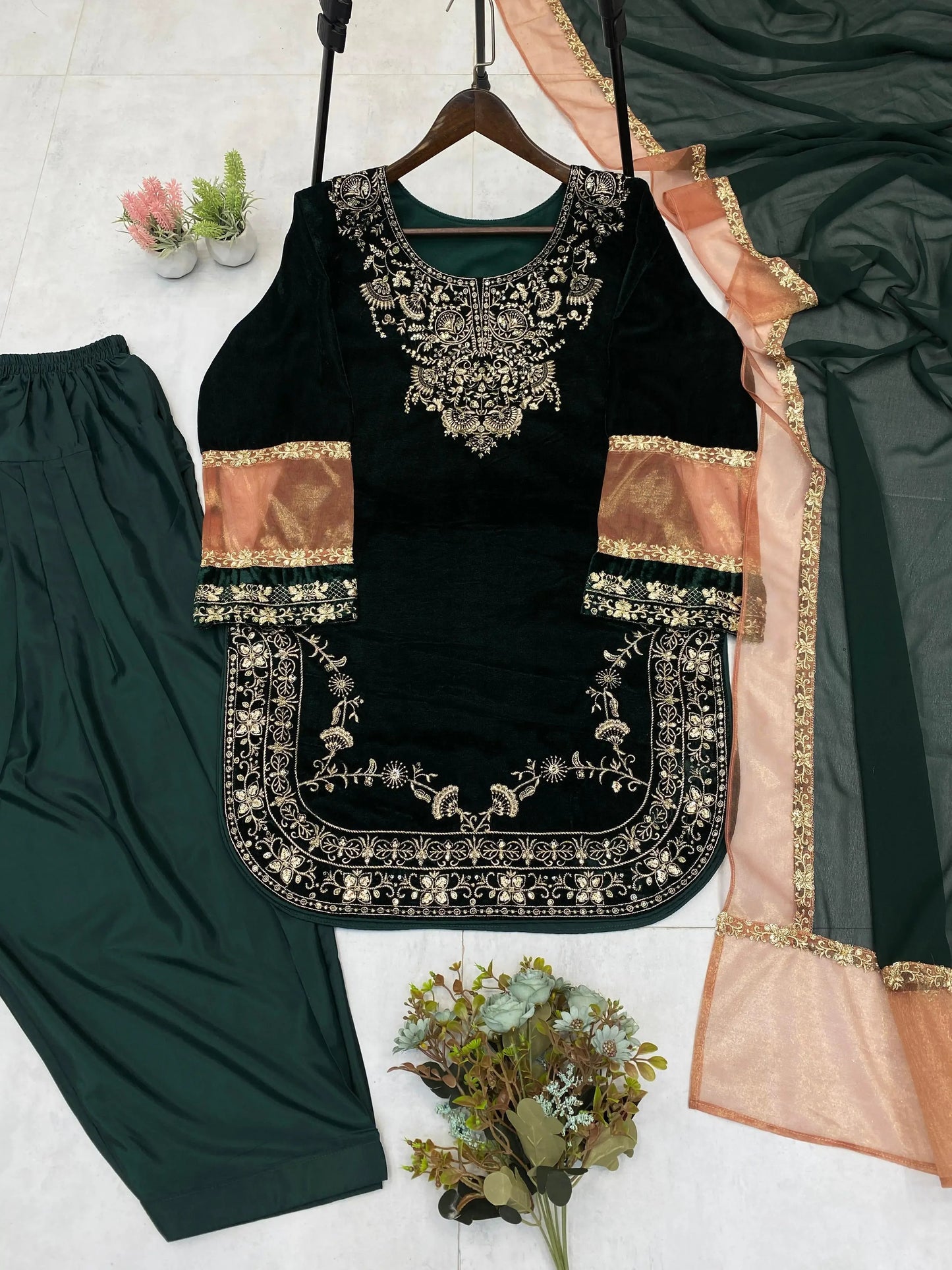 Ethenika Original Sequence Embroidery Work Designer Party Wear Velvet Kurti Pant Dupatta Set (Ready To Wear) Ethenika.com