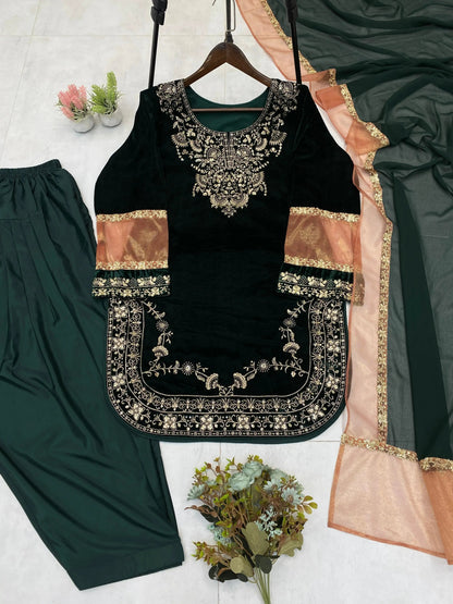 Ethenika Original Sequence Embroidery Work Designer Party Wear Velvet Kurti Pant Dupatta Set (Ready To Wear) Ethenika.com
