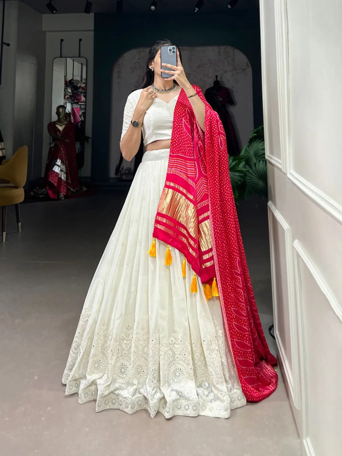 Ethenika Originals Georgette Lakhnavi Mirror work White Concept Chaniya Choli Ethenika.com