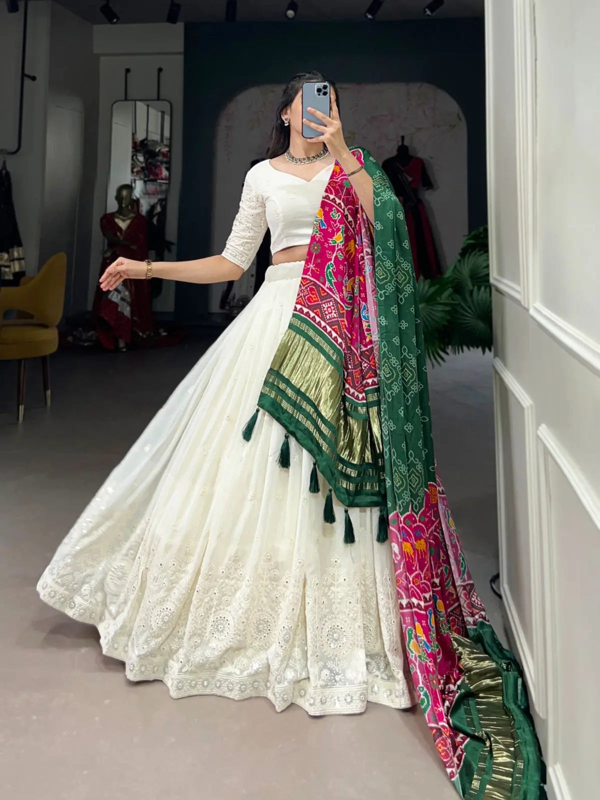 Ethenika Originals Georgette Lakhnavi Mirror work White Concept Chaniya Choli Ethenika.com