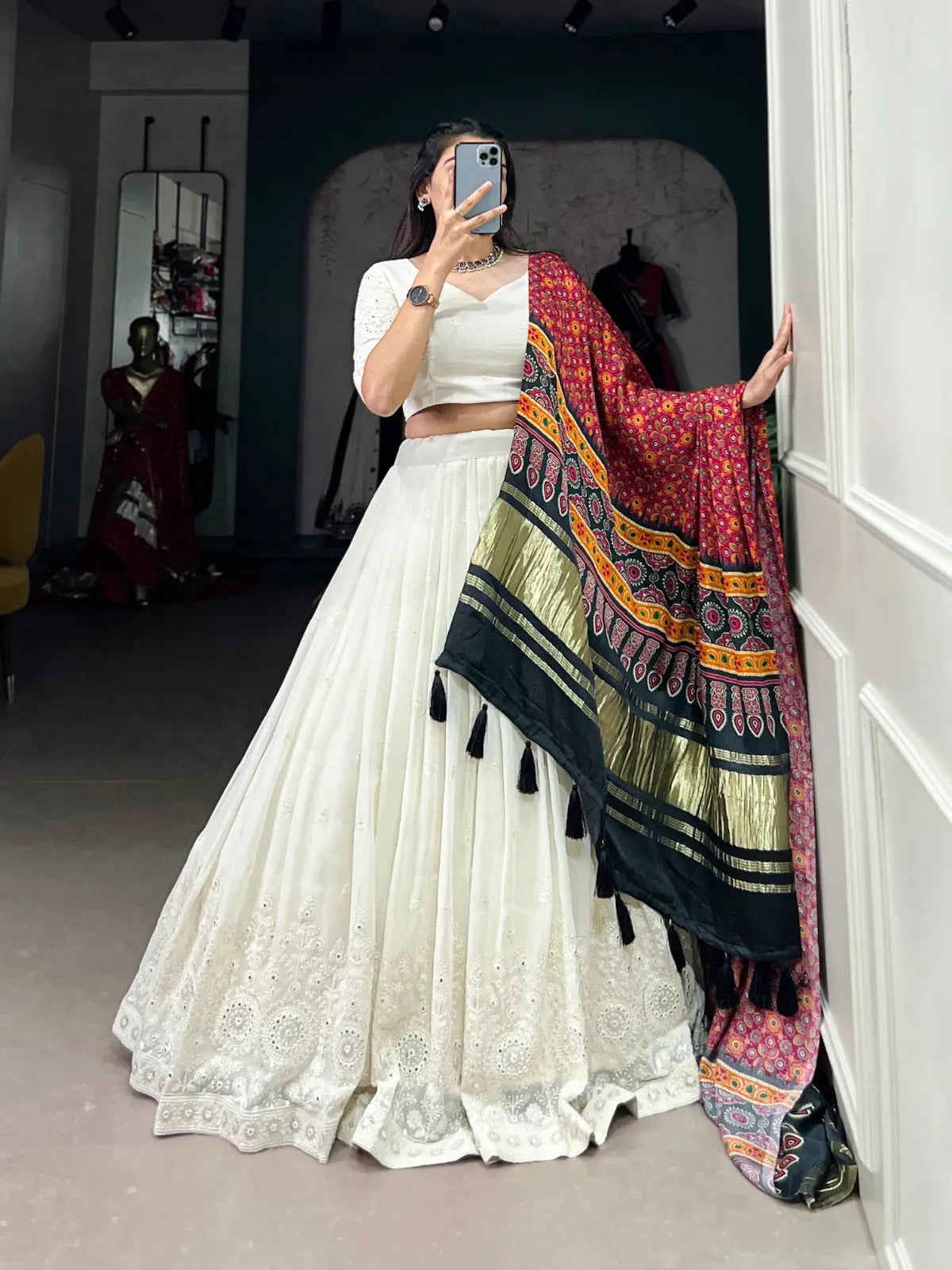 Ethenika Originals Georgette Lakhnavi Mirror work White Concept Chaniya Choli Ethenika.com