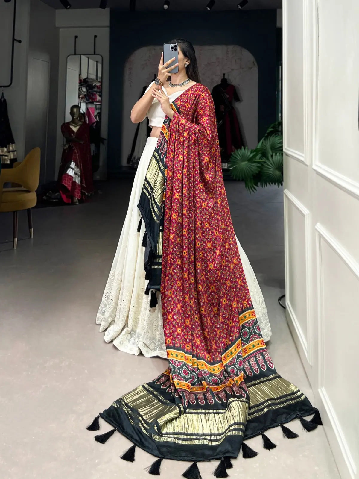 Ethenika Originals Georgette Lakhnavi Mirror work White Concept Chaniya Choli Ethenika.com