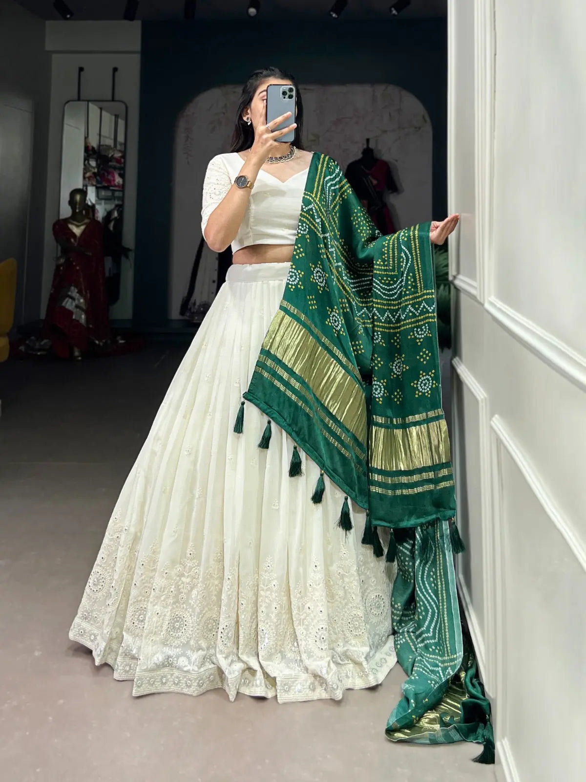 Ethenika Originals Georgette Lakhnavi Mirror work White Concept Chaniya Choli Ethenika.com