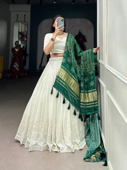Ethenika Originals Georgette Lakhnavi Mirror work White Concept Chaniya Choli Ethenika.com