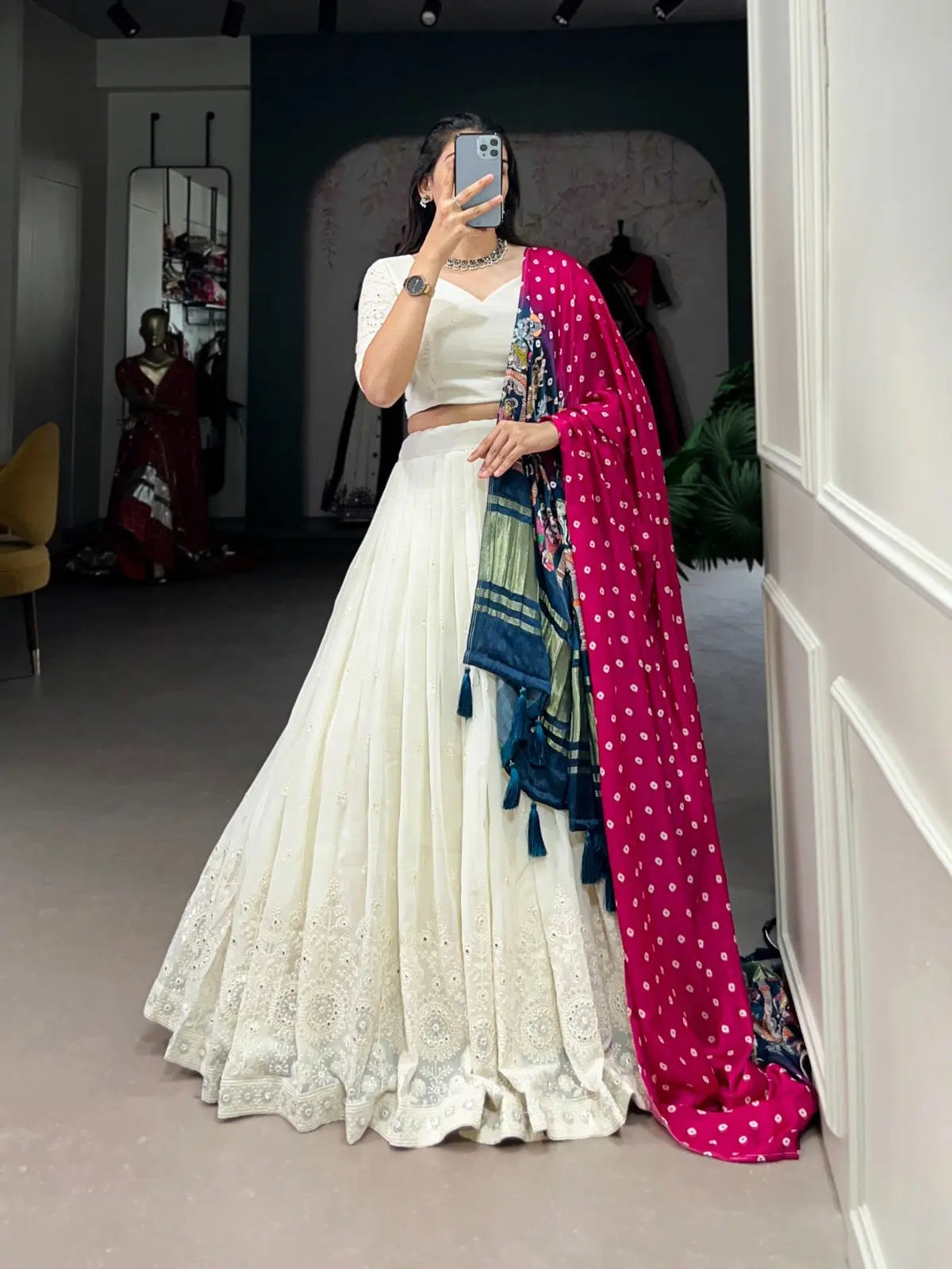 Ethenika Originals Georgette Lakhnavi Mirror work White Concept Chaniya Choli Ethenika.com