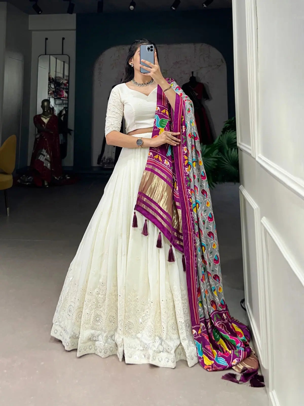 Ethenika Originals Georgette Lakhnavi Mirror work White Concept Chaniya Choli Ethenika.com