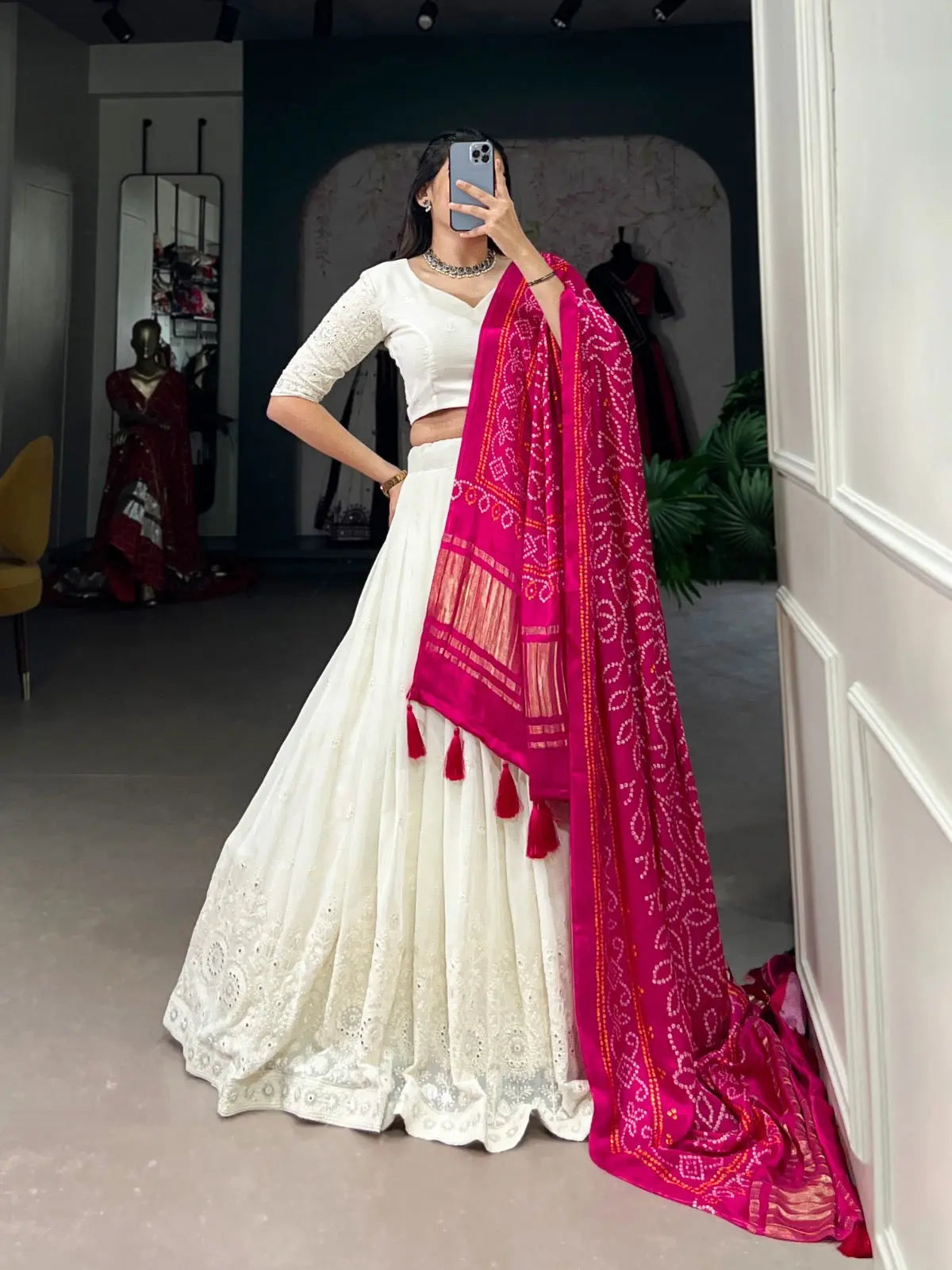 Ethenika Originals Georgette Lakhnavi Mirror work White Concept Chaniya Choli Ethenika.com
