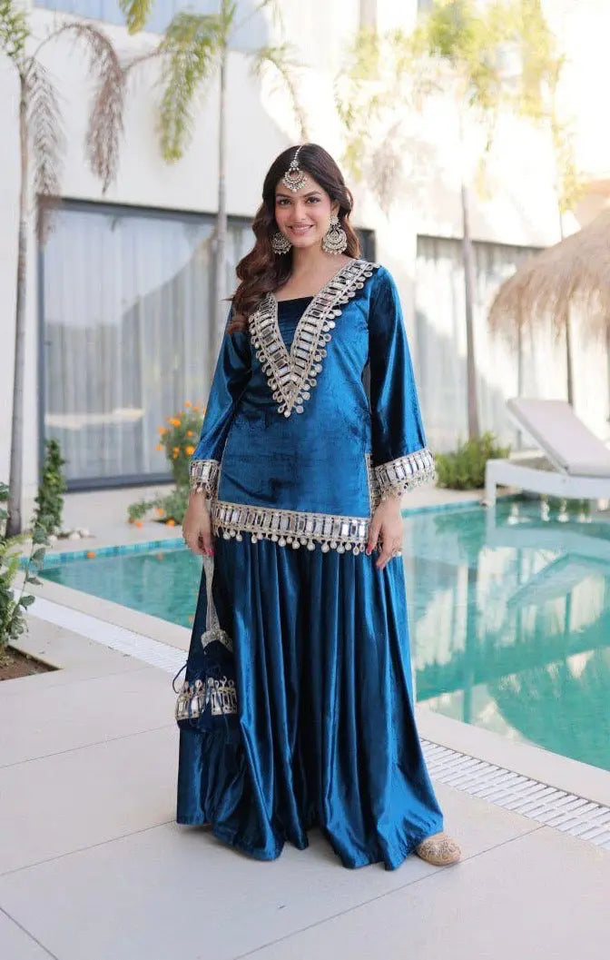 Ethenika Originals Mirror Work Velvet Kurti Palazzo Set Ethenika.com
