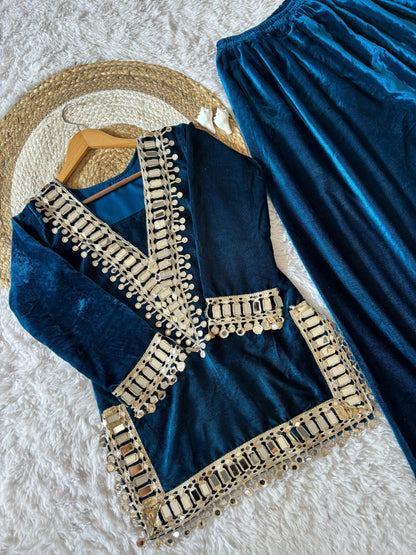 Ethenika Originals Mirror Work Velvet Kurti Palazzo Set Ethenika.com