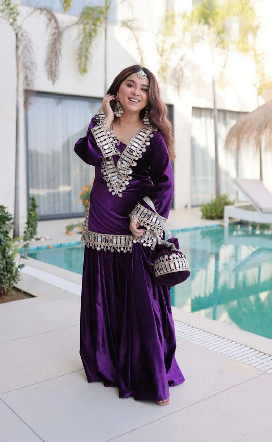 Ethenika Originals Mirror Work Velvet Kurti Palazzo Set Ethenika.com