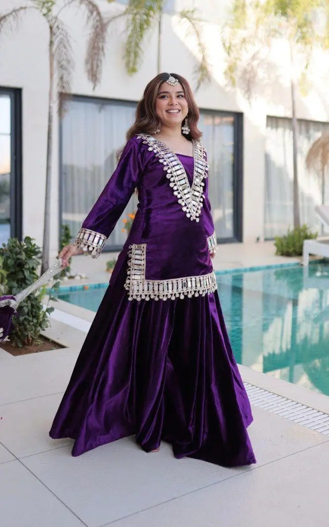 Ethenika Originals Mirror Work Velvet Kurti Palazzo Set Ethenika.com
