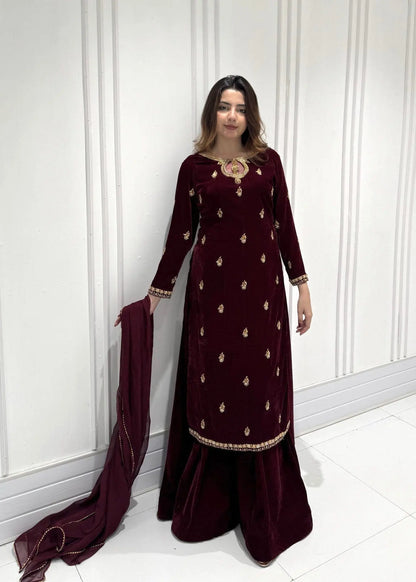 Ethenika Originals Sequence Embroidery Work Velvet Kurti Palazzo Dupatta Set (Ready To Wear) Ethenika.com