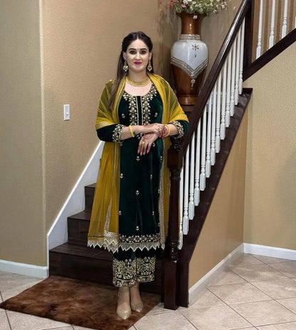 Ethenika Originals Sequence Embroidery with Moti Work Designer Party Wear Velvet Kurti Pant Dupatta Set (Ready to Wear) Ethenika.com