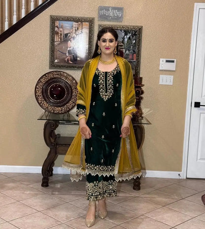 Ethenika Originals Sequence Embroidery with Moti Work Designer Party Wear Velvet Kurti Pant Dupatta Set (Ready to Wear) Ethenika.com