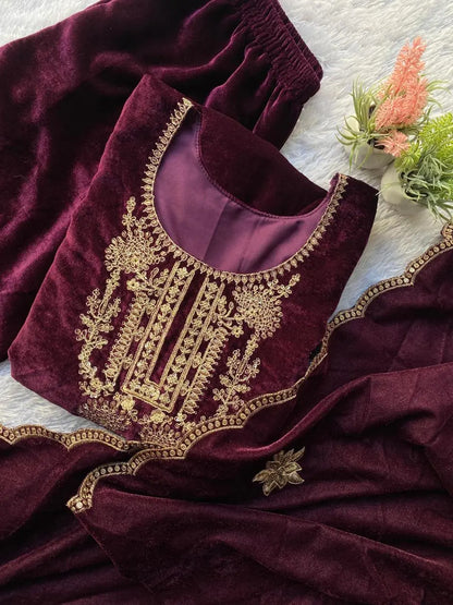 Ethenika Originals Velvet Designer Party Ready Wear Kurti Pant Dupatta Set Ethenika.com
