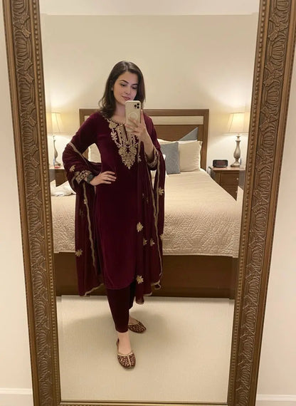 Ethenika Originals Velvet Designer Party Ready Wear Kurti Pant Dupatta Set Ethenika.com