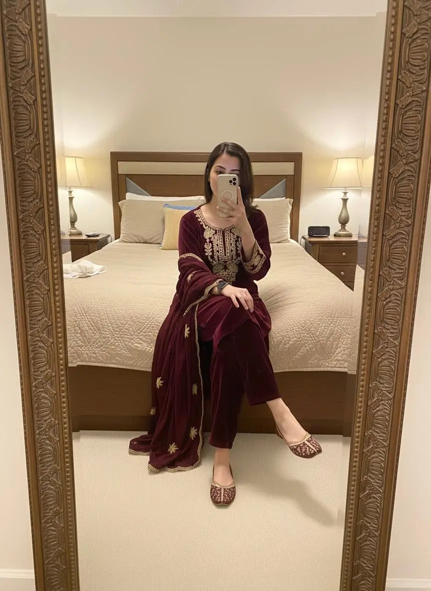 Ethenika Originals Velvet Designer Party Ready Wear Kurti Pant Dupatta Set Ethenika.com