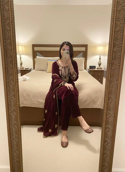 Ethenika Originals Velvet Designer Party Ready Wear Kurti Pant Dupatta Set Ethenika.com