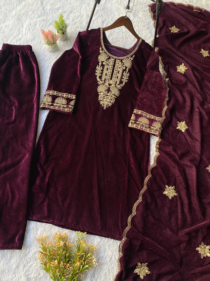 Ethenika Originals Velvet Designer Party Ready Wear Kurti Pant Dupatta Set Ethenika.com