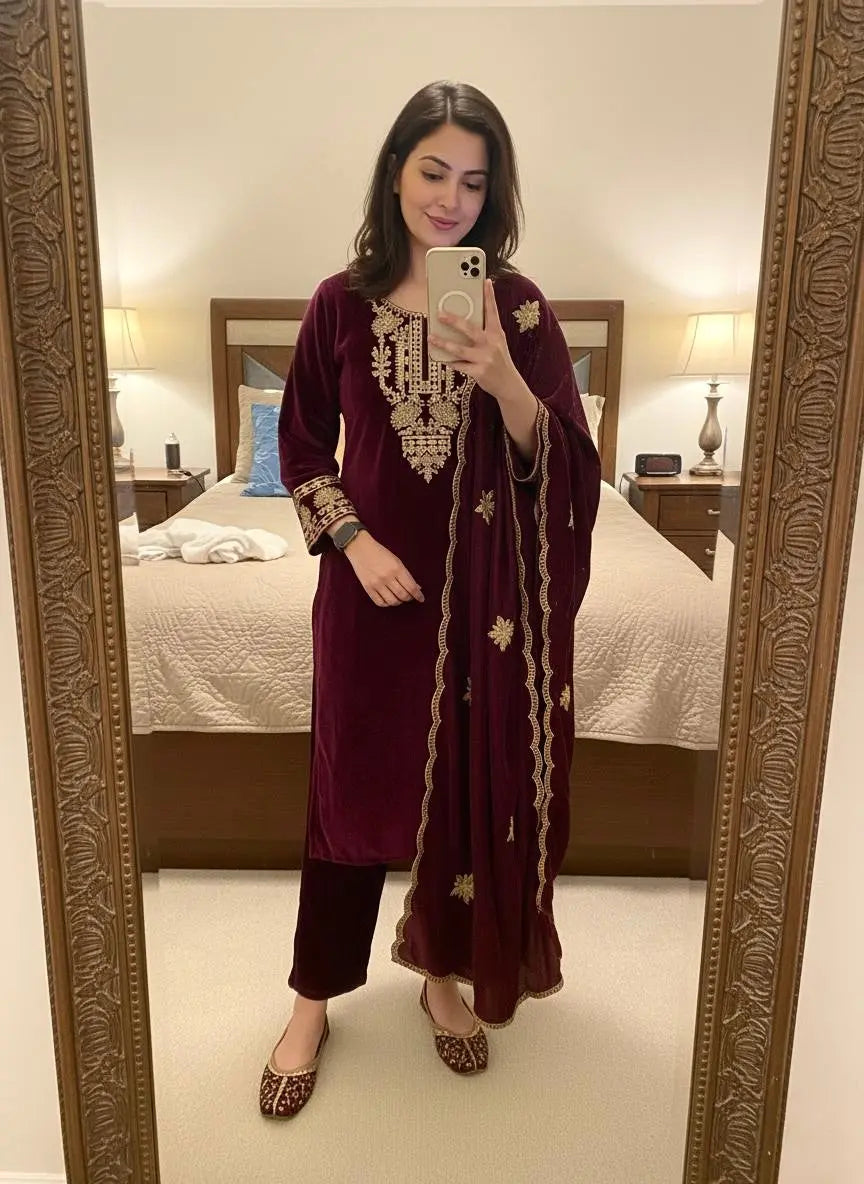 Ethenika Originals Velvet Designer Party Ready Wear Kurti Pant Dupatta Set Ethenika.com