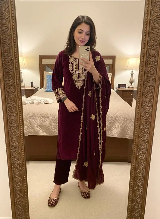 Ethenika Originals Velvet Designer Party Ready Wear Kurti Pant Dupatta Set Ethenika.com