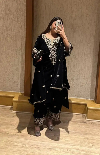 Ethenika Premium Designer Embroidery Work Velvet Kurti Pant Dupatta Set (Ready to Wear) Ethenika.com