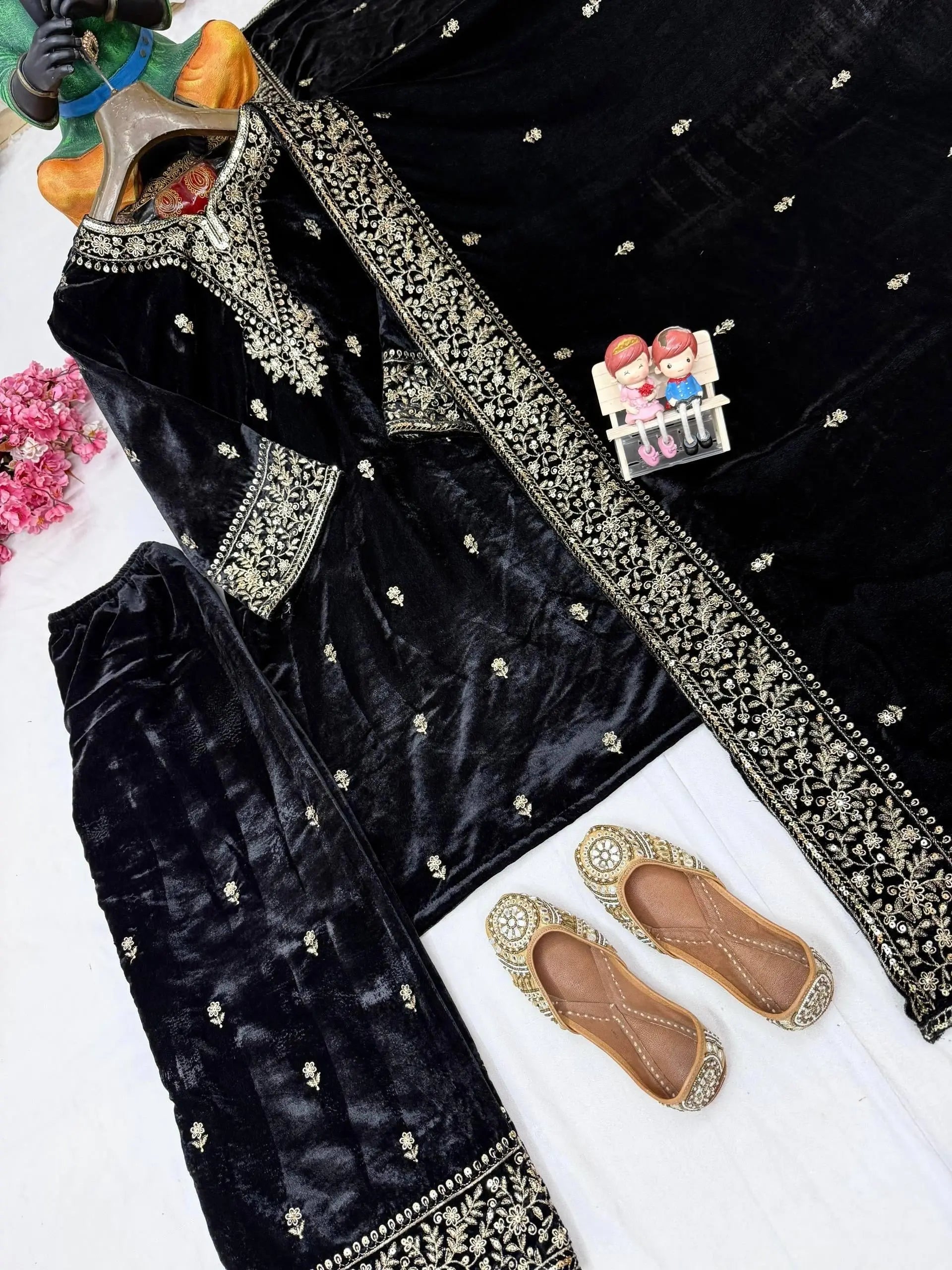 Ethenika Premium Designer Embroidery Work Velvet Kurti Pant Dupatta Set (Ready to Wear) Ethenika.com