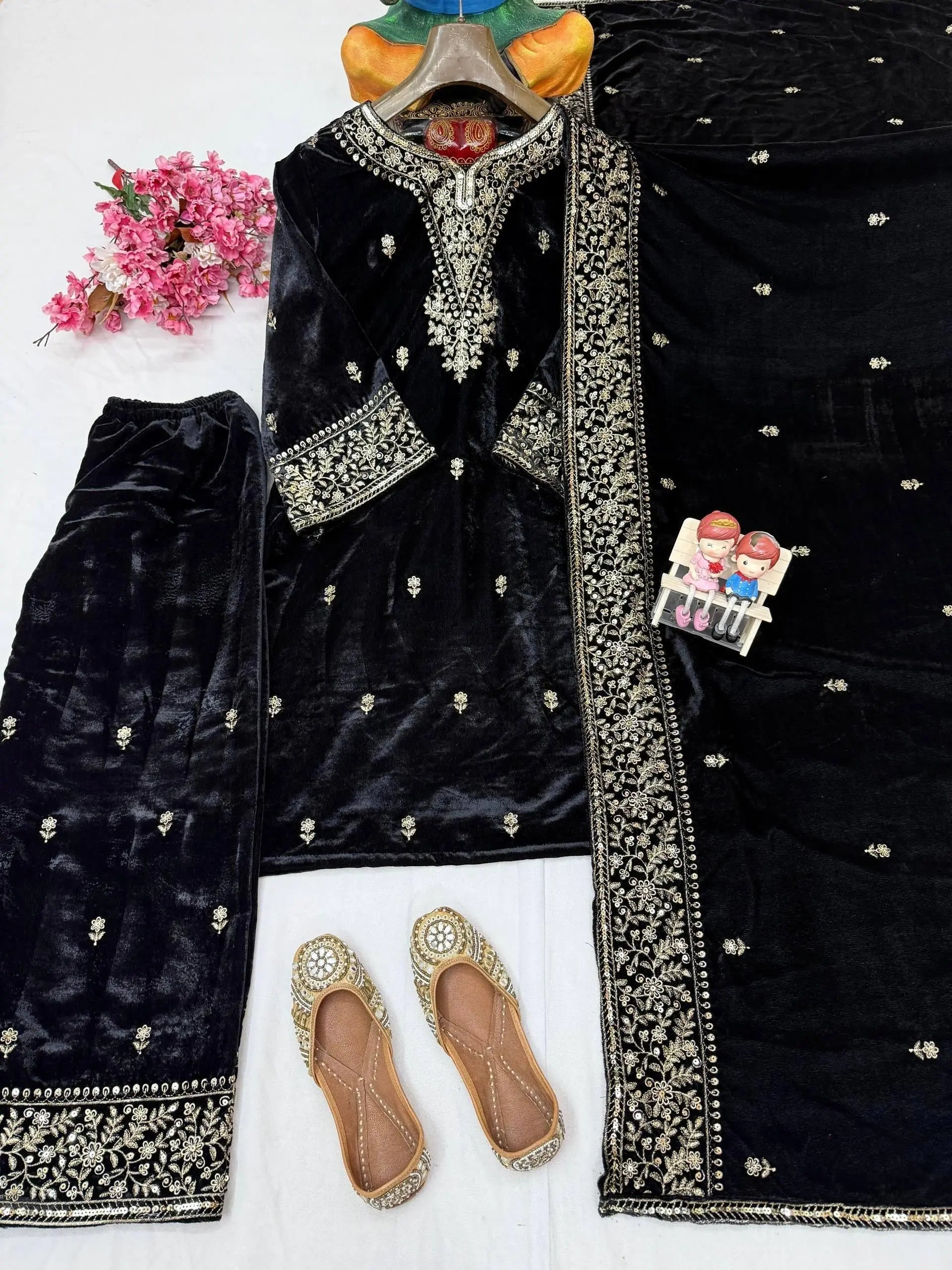 Ethenika Premium Designer Embroidery Work Velvet Kurti Pant Dupatta Set (Ready to Wear) Ethenika.com