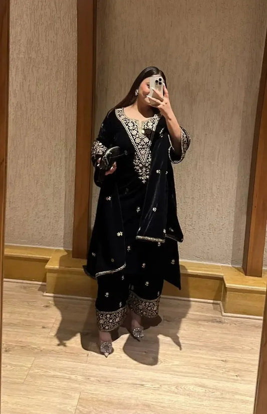 Ethenika Premium Designer Embroidery Work Velvet Kurti Pant Dupatta Set (Ready to Wear) Ethenika.com