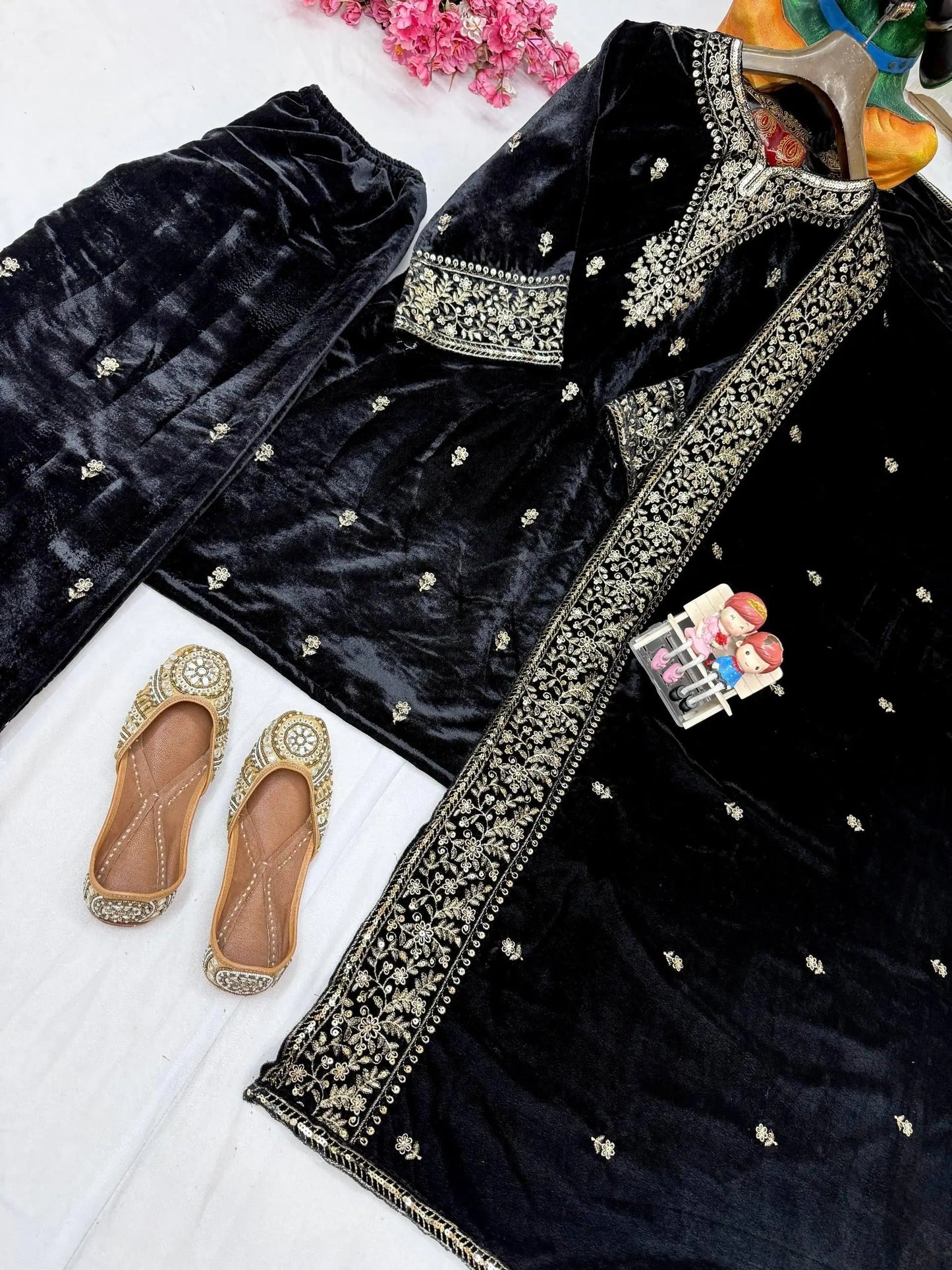 Ethenika Premium Designer Embroidery Work Velvet Kurti Pant Dupatta Set (Ready to Wear) Ethenika.com
