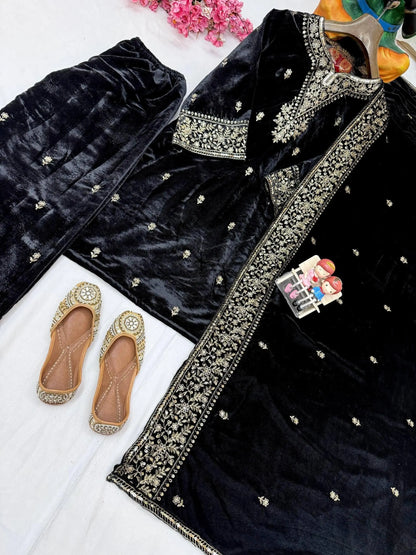 Ethenika Premium Designer Embroidery Work Velvet Kurti Pant Dupatta Set (Ready to Wear) Ethenika.com