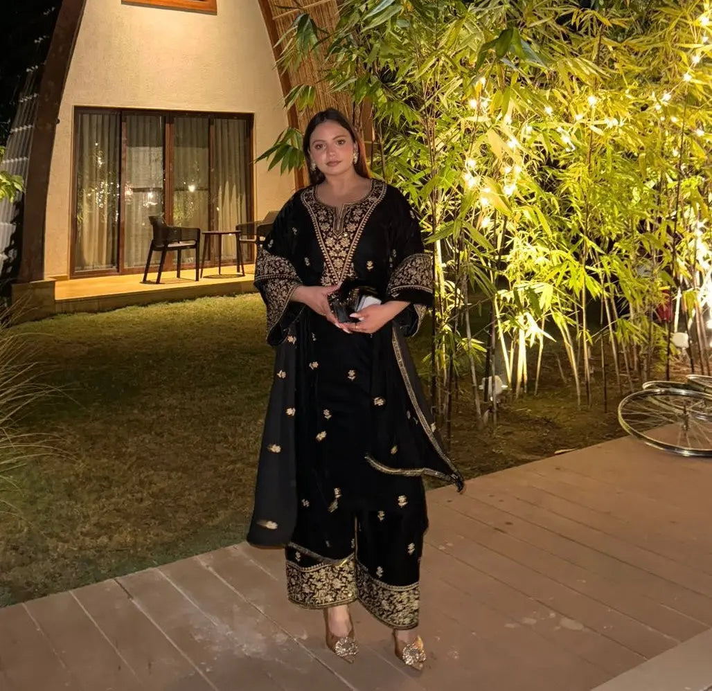 Ethenika Premium Designer Embroidery Work Velvet Kurti Pant Dupatta Set (Ready to Wear) Ethenika.com