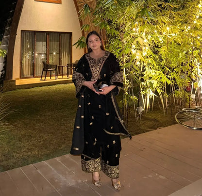 Ethenika Premium Designer Embroidery Work Velvet Kurti Pant Dupatta Set (Ready to Wear) Ethenika.com