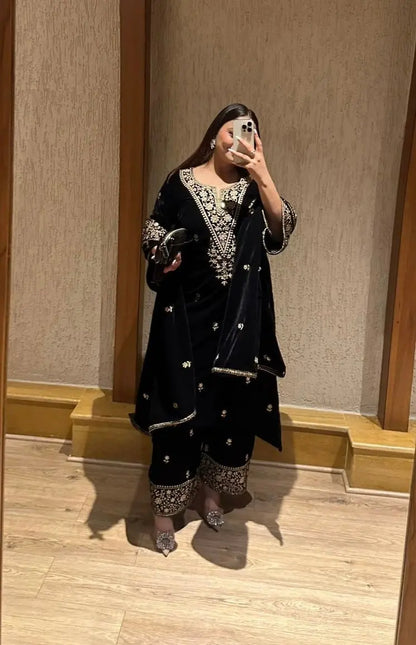 Ethenika Premium Designer Embroidery Work Velvet Kurti Pant Dupatta Set (Ready to Wear) Ethenika.com