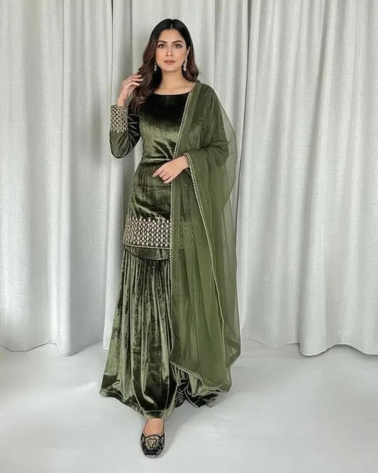 Ethenika Ready Wear Velvet Kurti Sharara Dupatta Set Ethenika.com