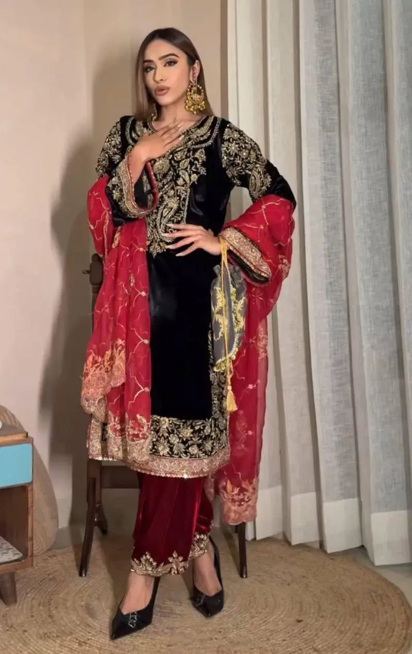 Ethenika Sequence Embroidery Work Designer Velvet 3Pc Kurti Pant Dupatta Set ( Ready to Wear) Ethenika.com