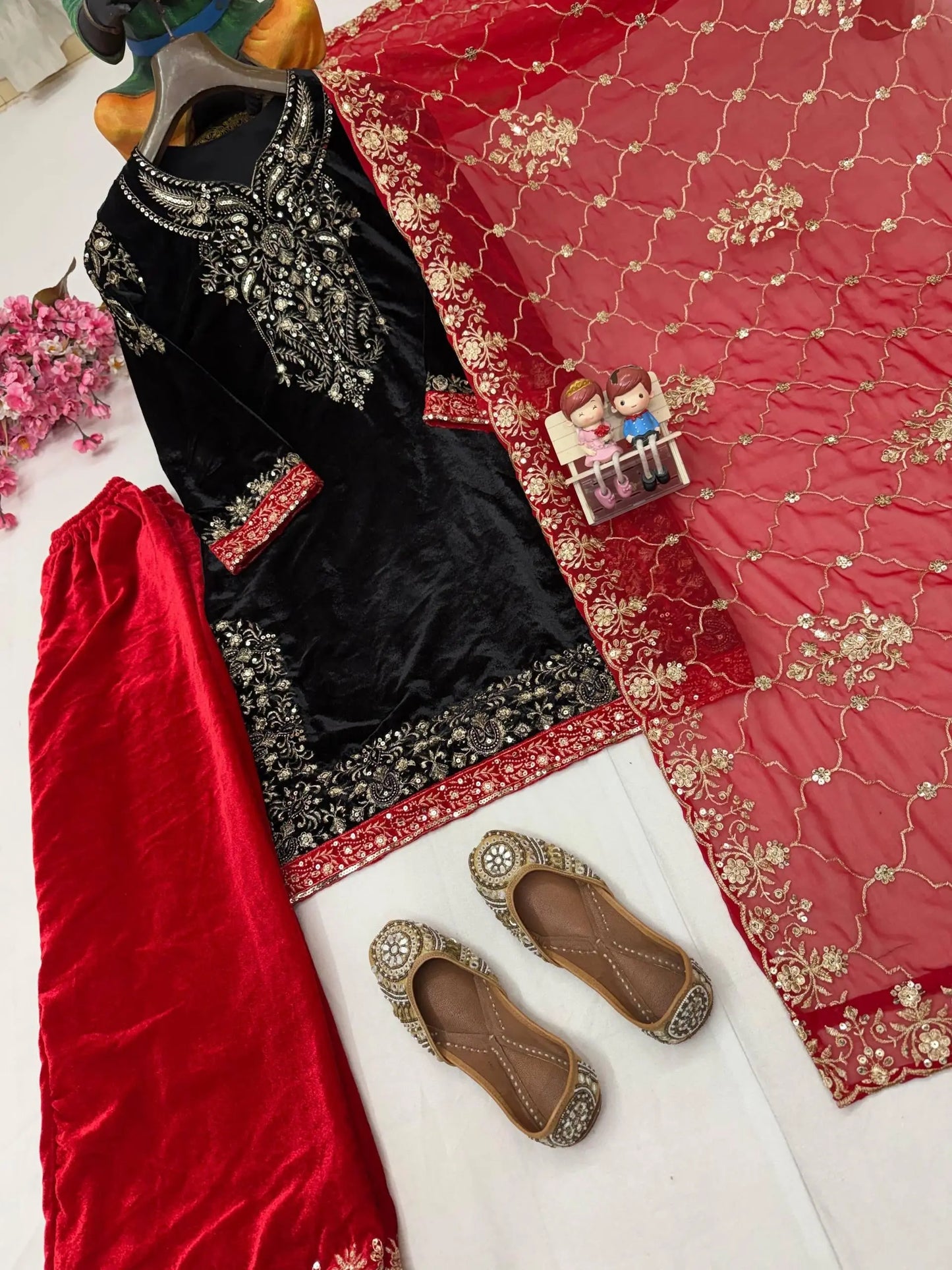 Ethenika Sequence Embroidery Work Designer Velvet 3Pc Kurti Pant Dupatta Set ( Ready to Wear) Ethenika.com