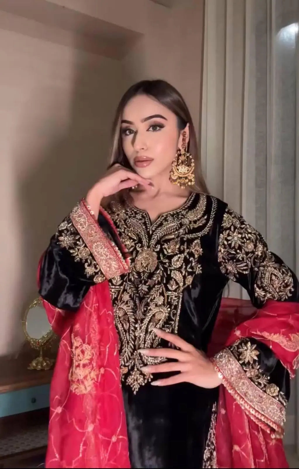 Ethenika Sequence Embroidery Work Designer Velvet 3Pc Kurti Pant Dupatta Set ( Ready to Wear) Ethenika.com