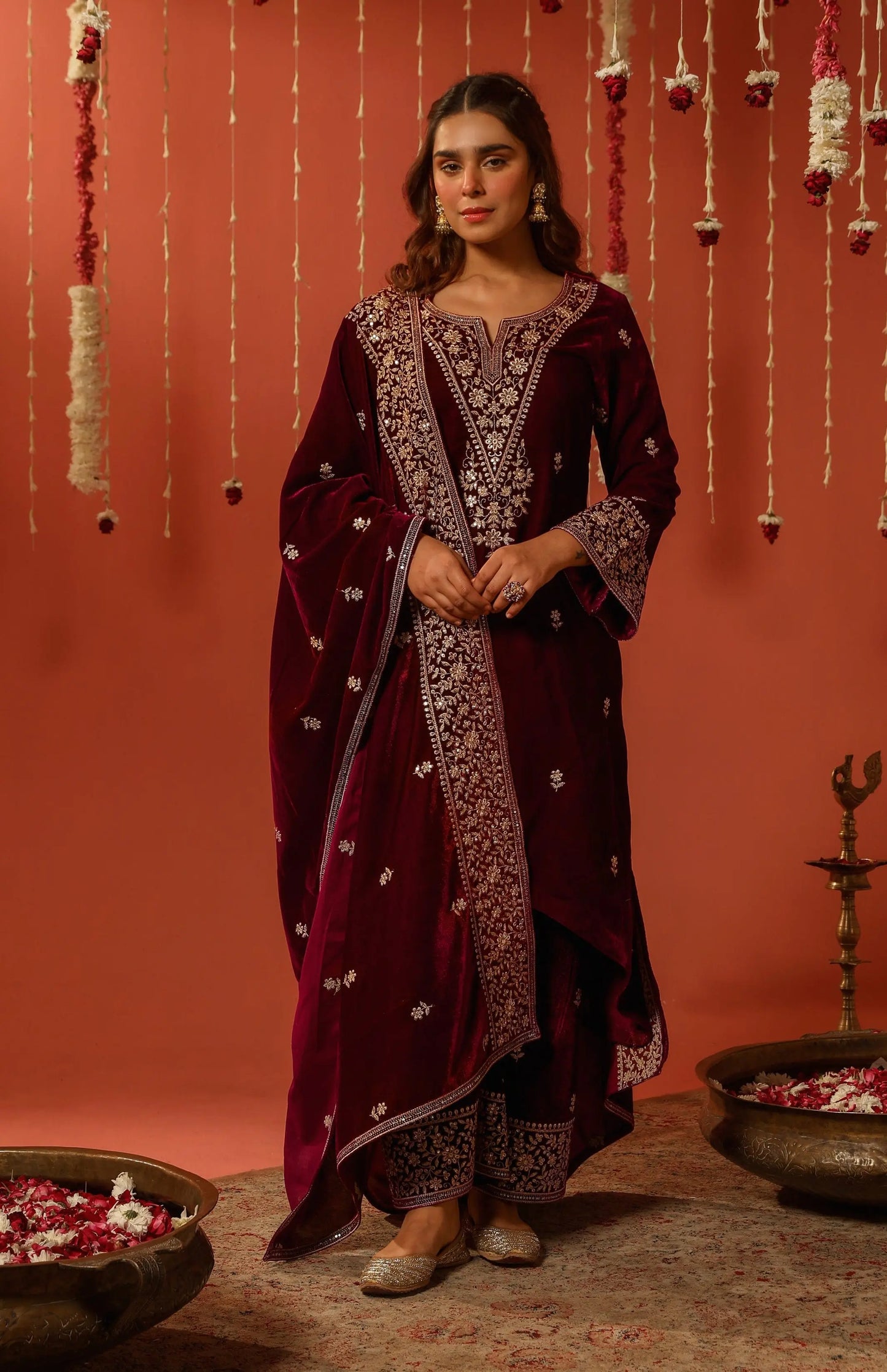 Ethenika Sequence Work Designer 3 Pc Velvet Kurti Pant Dupatta Set for Womens (Ready To Wear) Ethenika.com