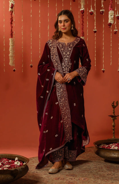 Ethenika Sequence Work Designer 3 Pc Velvet Kurti Pant Dupatta Set for Womens (Ready To Wear) Ethenika.com