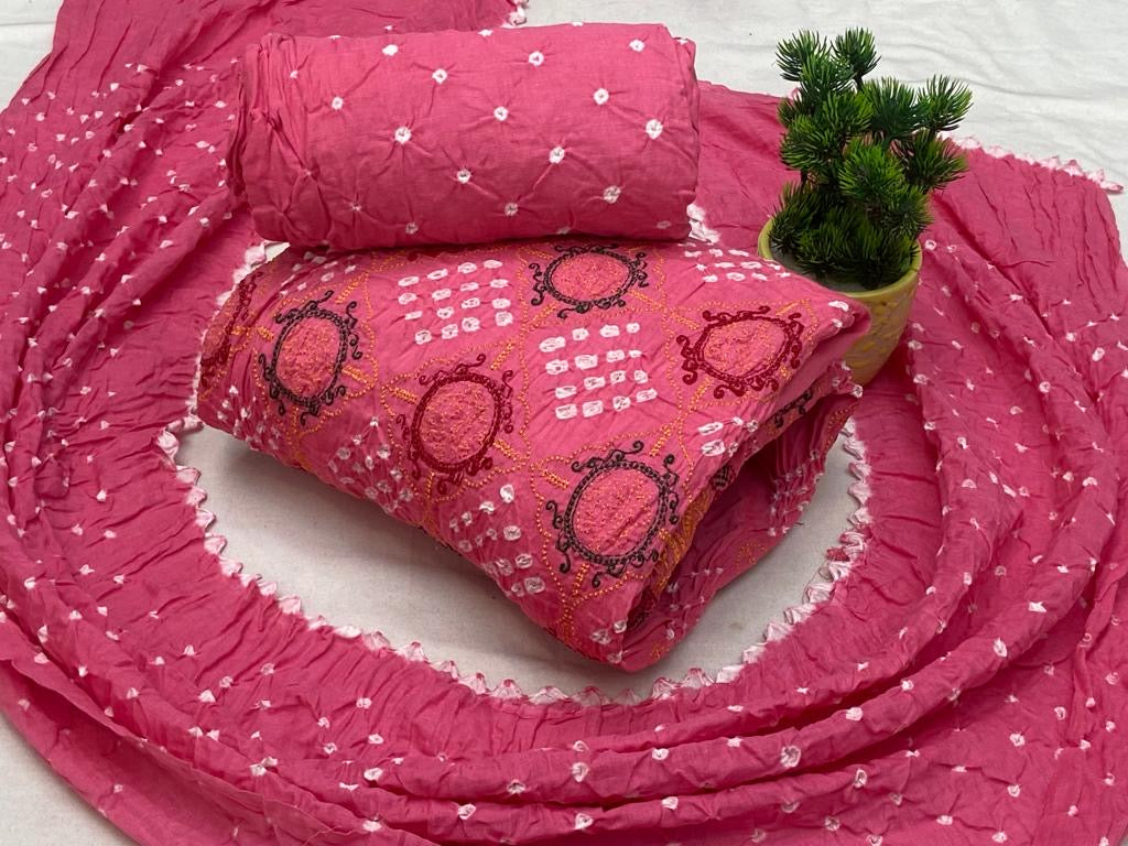 Cotton Golden Thread Embroidery work Bandhani Dress Material