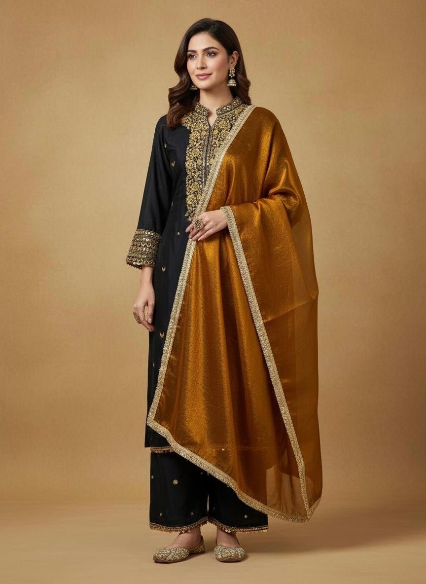 Chinon Silk Ready Wear Designer Kurti Palazzo Dupatta Set