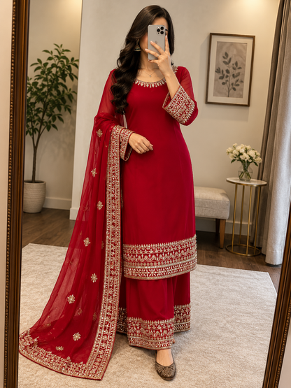 Sequence Embroidery Work Designer Kurti Palazzo Dupatta Set (Ready to Wear)