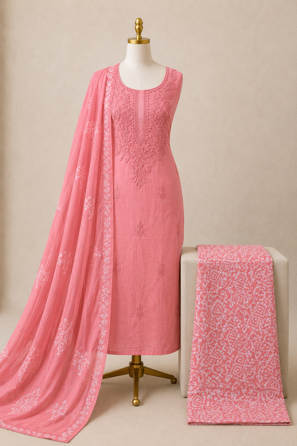 Lakhnavi thread work Batik unstitched salwar suit fabric with matching dupatta
