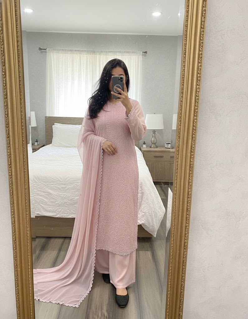 Faux Georgette Chikankari Thread Work Kurti Palazzo Dupatta Set