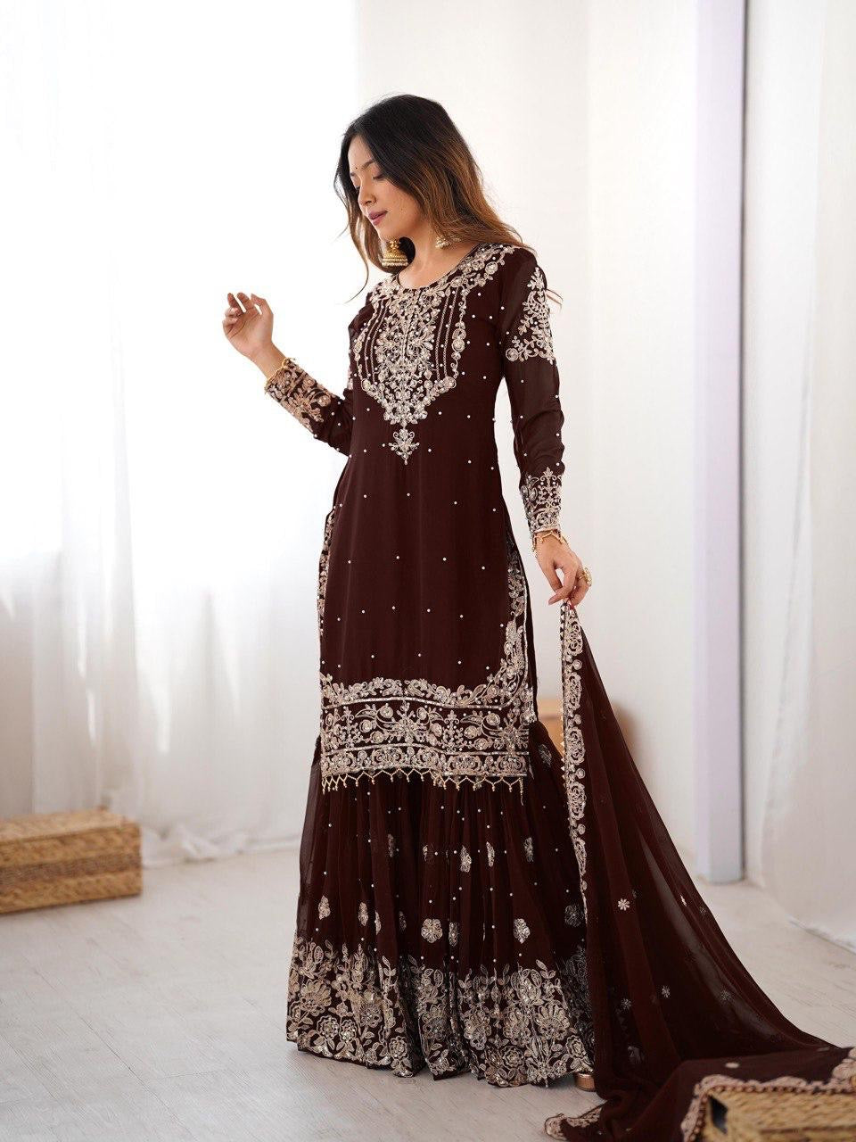 Premium Faux Georgette Embroidery with Moti Work Designer Kurti Sharara Dupatta Set (Ready to Wear)