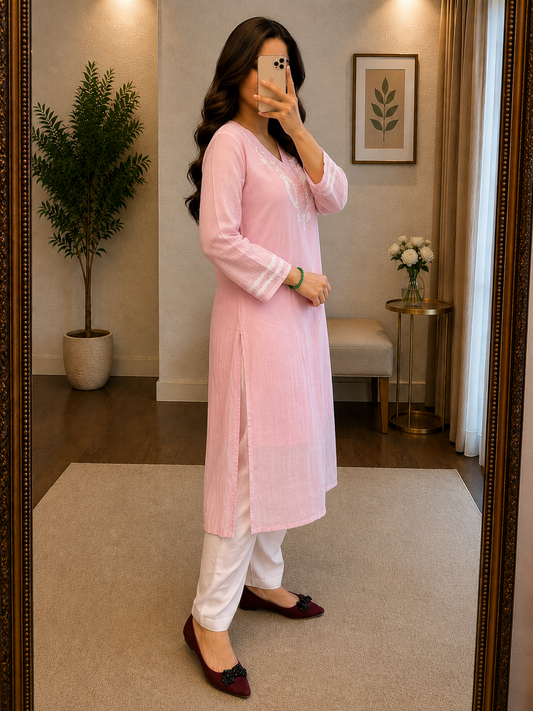 Mal Chanderi handmade chikankari kurti - close-up embroidery detail