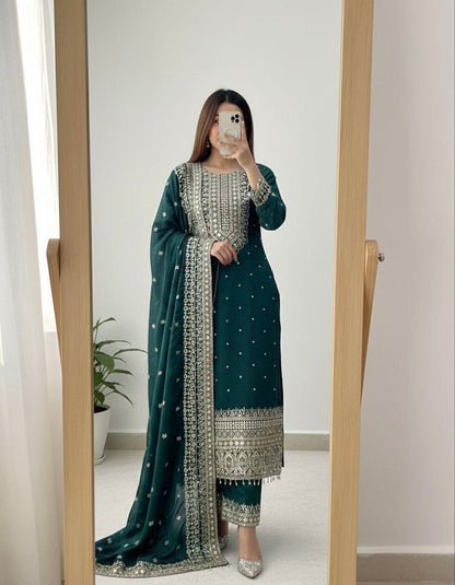 Chinon Silk Designer Party Wear Kurti Pant Dupatta Set