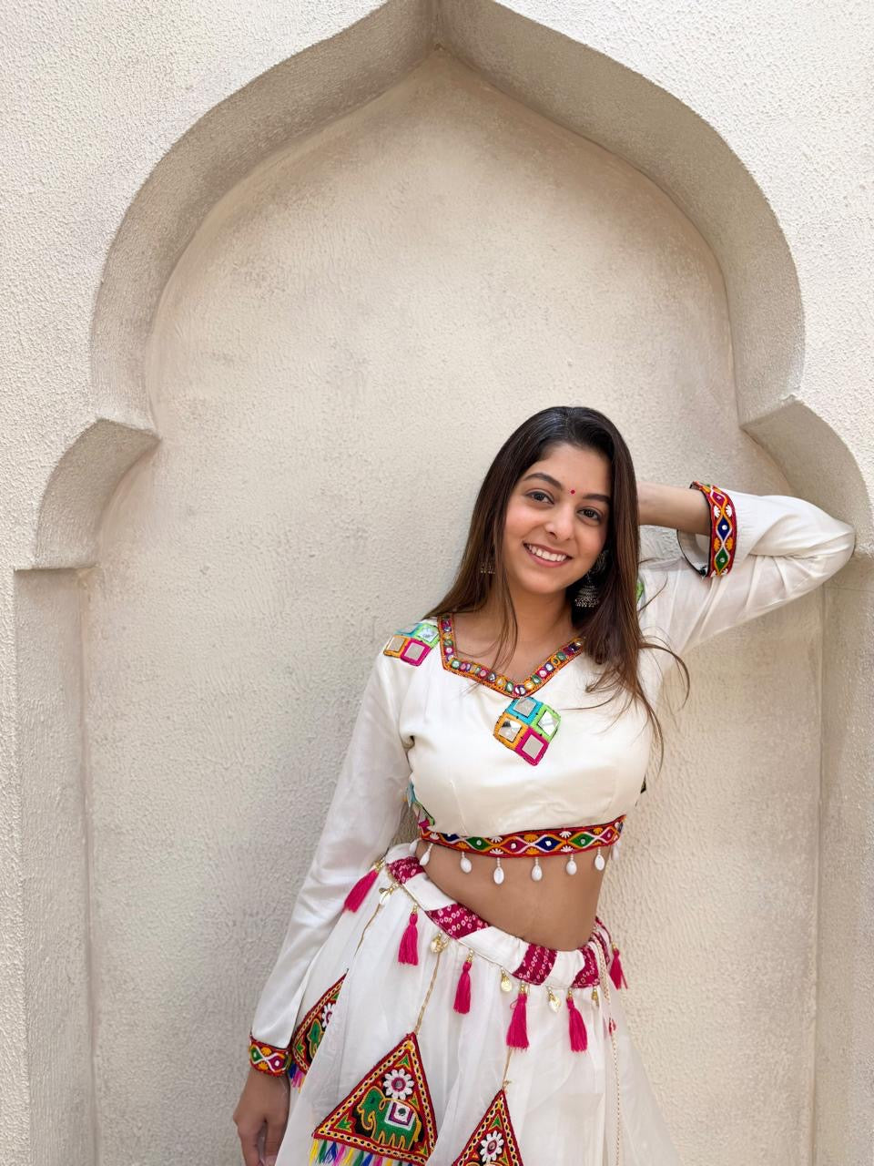 White mirror work Chaniya Choli for Dandiya - back view