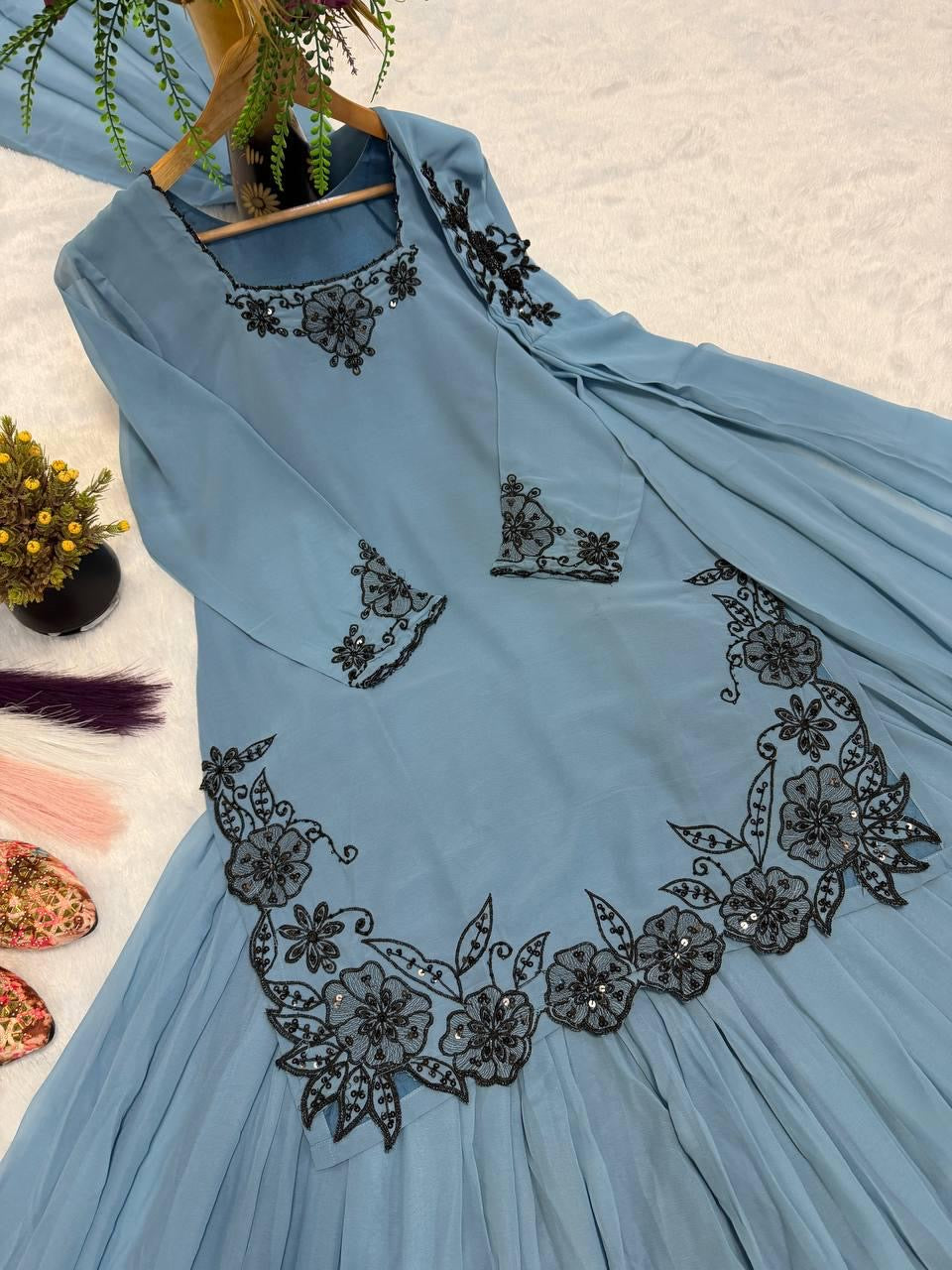 Faux Georgette Handwork Beads Sequence Embroidery Work Kurti Sharara Dupatta Set